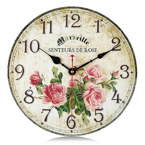 Lafocuse 30cm Reloj de Pared Rosa Vintage Madera, Silencioso Retro Flor Reloj Cocina...