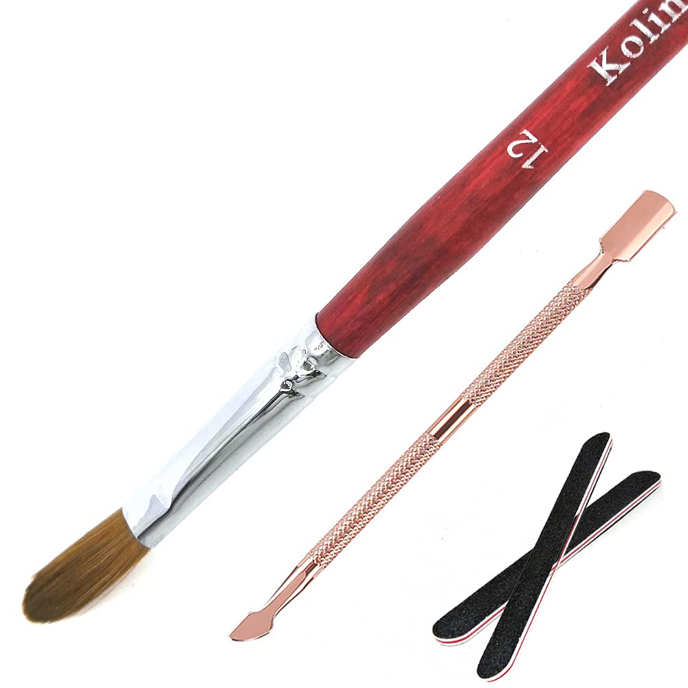 Kolinsky Acrylic Nail Brush With Cuticle Pusher And Files, Professional Brushes for Nails, Application, Art Red-Wood Handel, Non-Forked (#12)