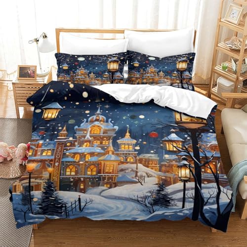 Housses de couettes 3D château enneigé literie microfibre King - 3