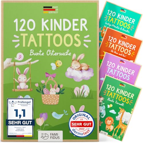 Famifidus 120 Kinder Tattoos hautfreundlich Ostern I Dermatologisch SEHR GUT I Tattoo Kinder Made in Germany I Geschenk für Kinder I Zauberhafte Kinder Tattoo für Jungs & Mädchen