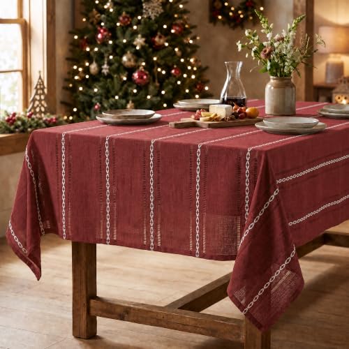 Artoid Mode Nappe en Coton et Lin Boho Rouge Noël 140x220 cm | Style Rustique Saisonnier Lavable Anti-taches Linge de Table Décoration pour Cuisine Vacances et Fêtes