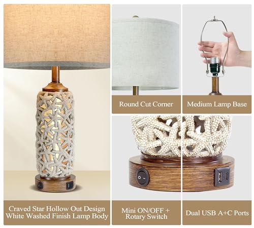 WEITERS 26'' Bedside Table Lamps Set of 2, Bedroom Lamps for Nightstand with USB C+A, Boho Table Lamp for Living Room, Coastal Nautical Lamp with Starfish Pattern, Farmhouse Lamp with Nightlight - Image 8