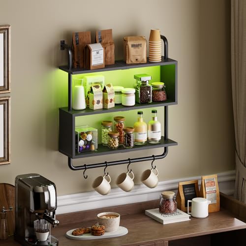 Image of HOOBRO Floating Shelves with LED Lights, 29.5 inch LED Wall Mounted Gaming Shelf, 3-Tier Pipe Display Rack with Hanging Rod and 4 S-Hooks, for Storage Livingroom, Bedroom, Kitchen, Black BB21DBJ01