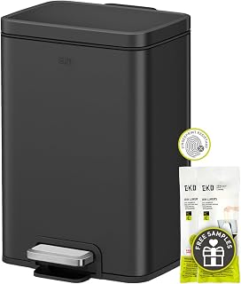 EKO Madison Matte Black Stainless Steel 3.2 Gal/12L Bathroom Small Step Trash Can or Recycling Bin, Removable Inner Liner, Soft Close Lid, Fingerprint Resistant Finish