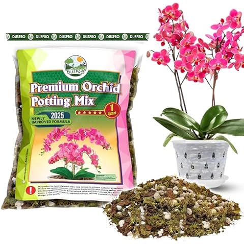 [Upgraded] DUSPRO Orchid Potting Mix for Repotting with Forest Moss, Pine Bark, Perlite & Pumice, Orchid Bark Potting Mix, Orchid Repotting Soil, Drainage Indoor Potting, Orchid Pot Not Included,1 QRT Cover