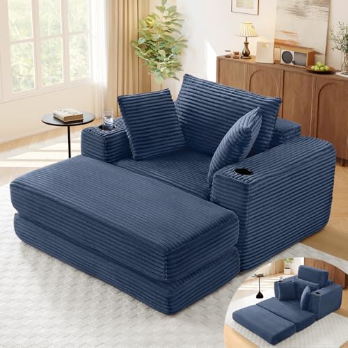 Antetek Boneless Corduroy Chaise Lounge Chair Indoor, 52-inch 4-in-1 Folding Convertible Sofa Bed w/Cup Holders, Modern Cozy Reading Accent Chair for Living Room, No Assembly, Blue