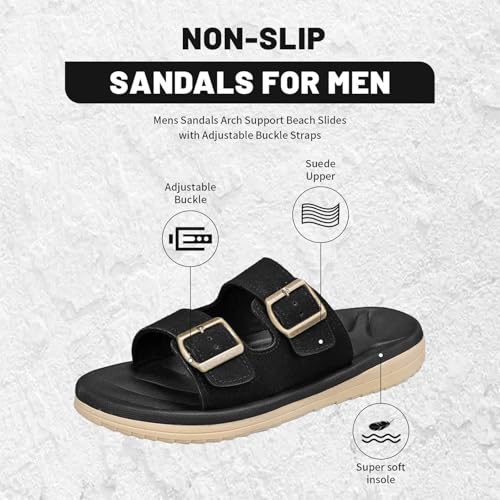 Image of Mens Sandals Arch Support Comfortable Beach Slides with Adjustable Buckle Straps Slippers for Men