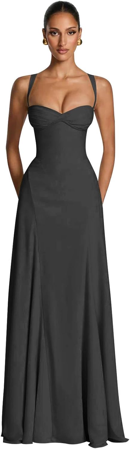 Elegant A-Line Long Bridesmaid Dresses for Women Spaghetti Straps Formal Wedding Guest Dress