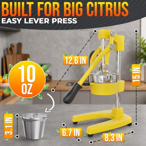 Image of Cast Iron Juicer Hand Press, Heavy-Duty Squeezer (Yellow) | Lever Manual Citrus Press Juicer & Orange Squeezer for Lemon, Lime & Lemonade; Steel Cone & Strainer; for Home or Bar