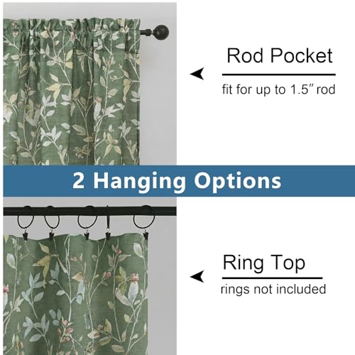 Image of Chyhomenyc Linen Blend Window Curtains 63 Inch Length 2 Panels, Light Filtering Floral Printed Curtain Drapes for Living Room, Rod Pocket Soft Bedroom Curtain Panels, 38Wx63L Inch, Green