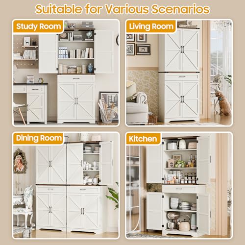 72\" Tall Farmhouse Kitchen Pantry, Farmhouse Storage Cabinet with Adjustable Shelves, Large Capacity Storage Cabinet with Drawer,Freestanding Cupboard for Kitchen, Dining Room, Living Room, White