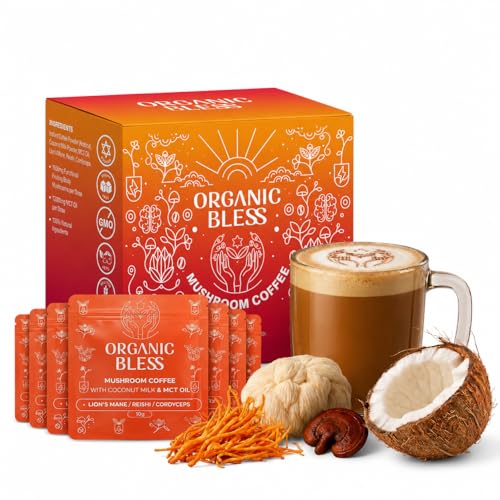 Organic Bless Mushroom Coffee Instant Packets – 10 Single Serve Travel Sachets – Organic Lion's Mane, Reishi &amp; Cordyceps with Coconut Milk &amp; MCT Oil – Smooth Energy, Focus, Low Caffeine, No Jitters