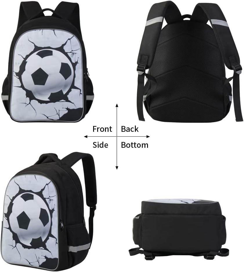 3D Soccer Backpack Cool Sports Bag Children School Lunch Bag Pencil Bag Bookbag with Laptop Sleeve