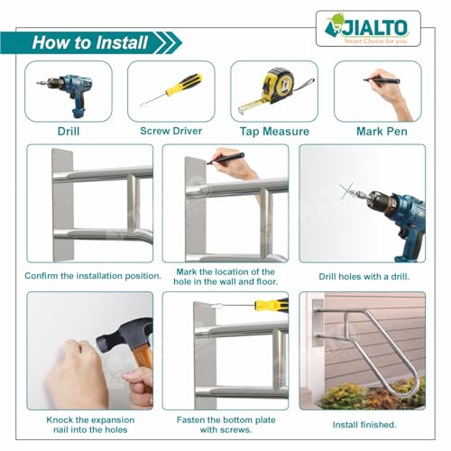 Image of JIALTO Wall Mounted Staircase Handrail Safety Grab Bar- Heavy Duty Metal Support Railing for Indoor Stairs, Bathroom & Entryway, Anti-Slip Wall Support Handle with Installation Kit (Silver, Pack of 1)