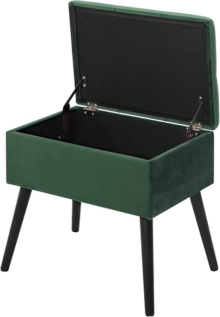 WOLTU Storage Ottoman Chair Stool Dark Green Upholstered Footstool Velvet Bench Dressing Table Stool Pouf Couch Stool Wood Legs Removable Cover, 50x35x45cm(LxWxH)