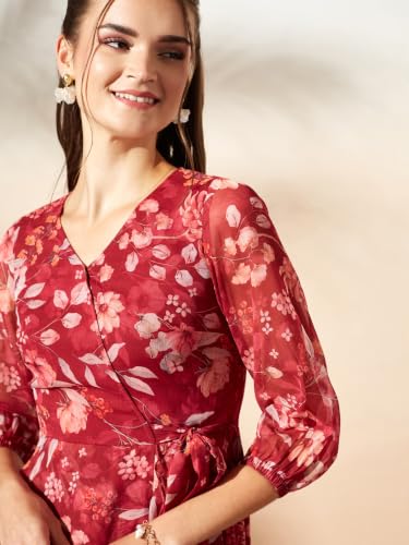 Image of Miss Chase Women's Multicolored Black Floral V-Neck 3 /4 Sleeve Wrap Chiffon Midi Dress