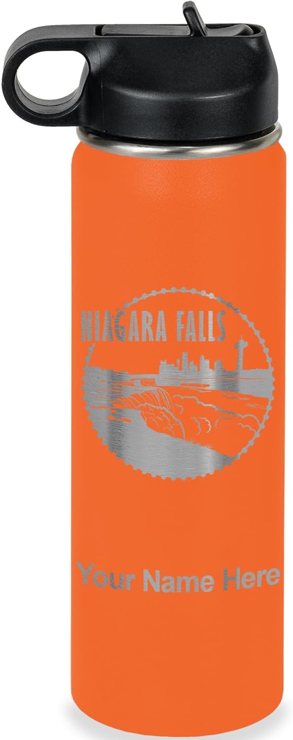 LaserGram Personalized Water Bottle, Niagara Falls, Stainless Steel Double Wall Vacuum Insulated with Flip Top Straw, Custom Engraved Gift (20oz / 590ml Orange)