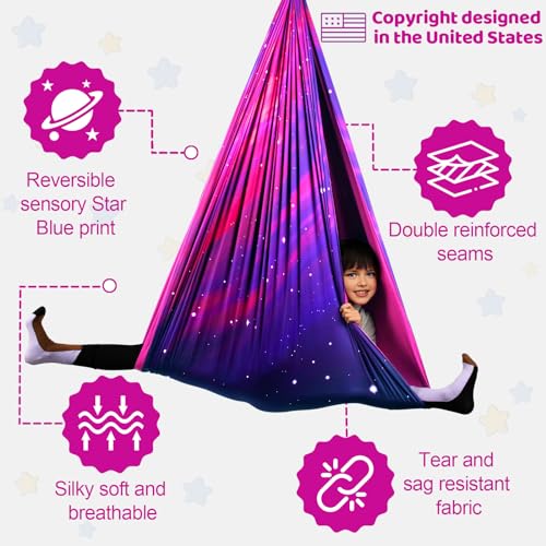 HiCamer Double Layer Sensory Swing for Kids & Adults Holds up to 300lbs Indoor and Outdoor Therapy Cuddle Swing with 360° Swivel Hanger Kit Adjustable with Aspergers Autism ADHD (Galaxy Purple)