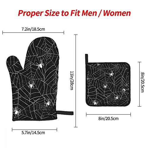 Mxocom Spiderwebs Oven Mitts And Pot Holders Sets Of 3 Halloween Black And White Grunge Background Bbq Gloves For Kitchen,Cooking,Baking,Grilling Resistant Hot Pads For Women #TOP3