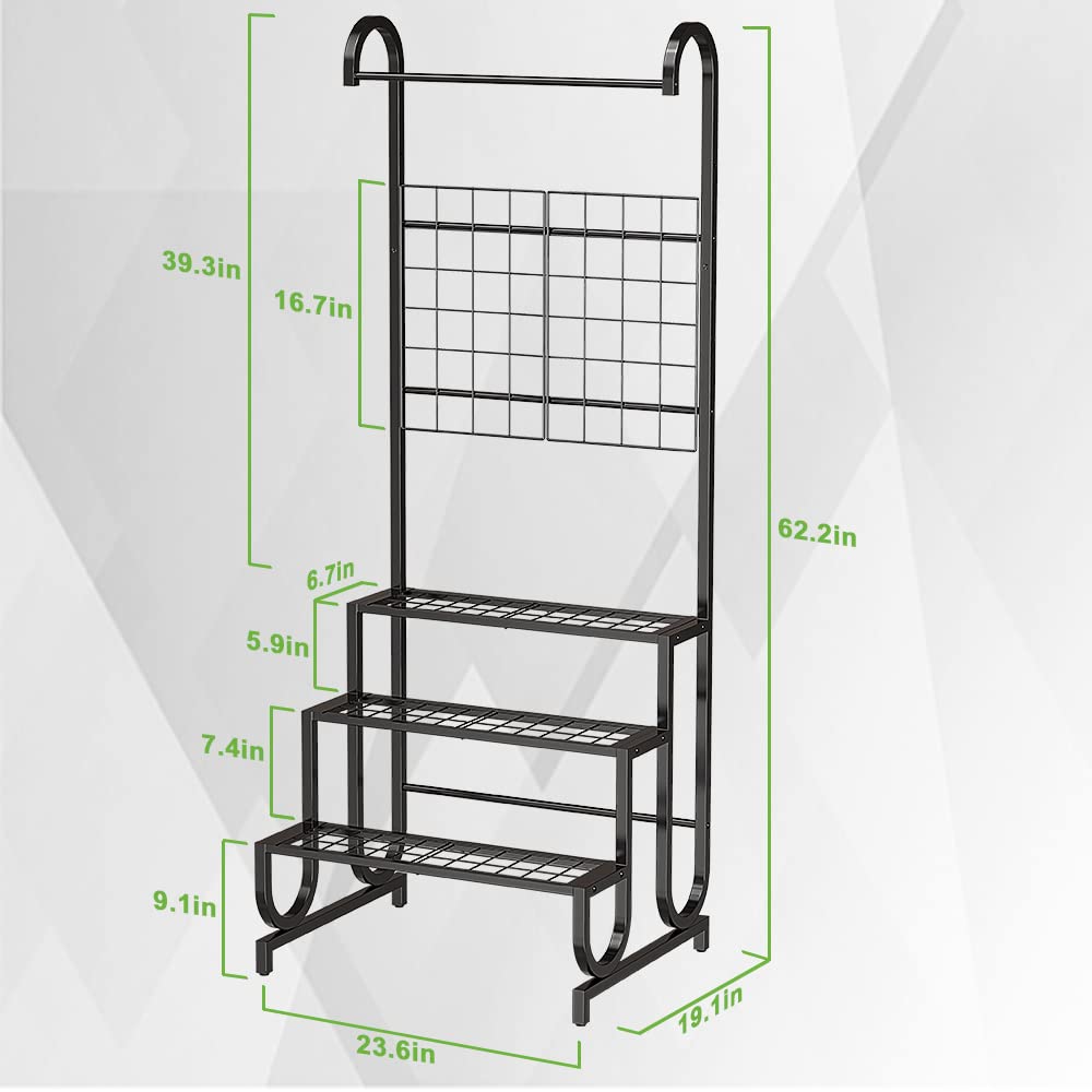Bomclap Pflanzenregal mit Rankgitter, 3 Ebenen Blumenregal Pflanzenständer aus Metall, Heavy duty Blumentreppe für Innen- und Außenbereich, Schwarz
