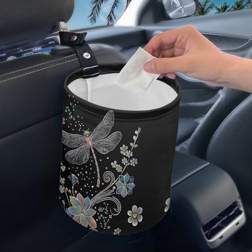 Image of Dragonfly Trash Can for Car Car Garbage Can for Back Seat Leak Proof with Adjustable Buttons Car Accessories for Women Interior