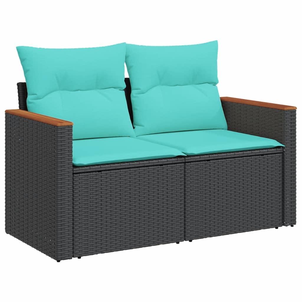 Set Divani da Giardino 7 pz in PE Rattan Nero con Tavolo | Salotto modulare per terrazzo e patio con cuscini blu sfoderabili e telaio in acciaio per momenti di relax all'aperto.