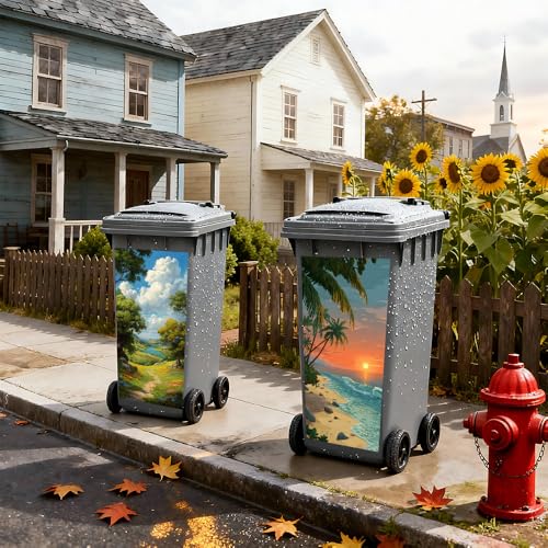 Image of 2 PC Trash Can Sticker 14.57 x 32.28 Inch Nature Landscape Design Vinyl Sticker with Sunset Beach Palm and Mountain Valley Path Pattern for Outdoor Garbage Bin Garden Yard Driveway Home Decor