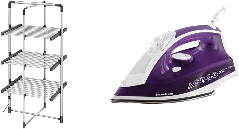 Black+Decker 63099 3-Tier Heated Clothes Airer Aluminium, Cool Grey, 140cm x 73cm x 68cm & Russell Hobbs Supreme Steam Iron, Powerful vertical steam function
