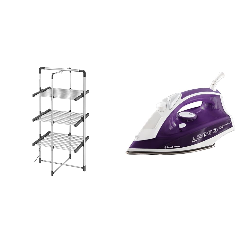 BLACK+DECKER63099 3-Tier Heated Clothes Airer Aluminium, Cool Grey, 140cm x 73cm x 68cm & Russell Hobbs Supreme Steam Iron, Powerful vertical steam function