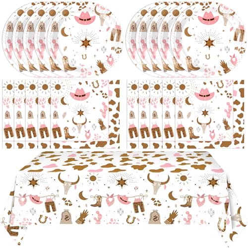 41Pcs Western Cowgirl Birthday Party Decorations Pink Cowgirls Party Supplies Retro Cowgirl Paper Plates Napkins Tablecloth|First Rodeo Wild West Cow girl Birthday Baby Shower Bachelorette Party Decor