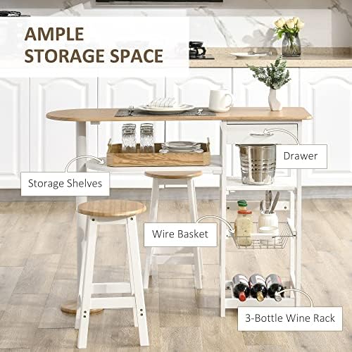 HOMCOM 3 Piece Bar Table Set, Breakfast Bar table and Stools with Storage Shelf, Drawer, Wire Basket and Wine Rack for Kitchen, Home Bar, Natural and White