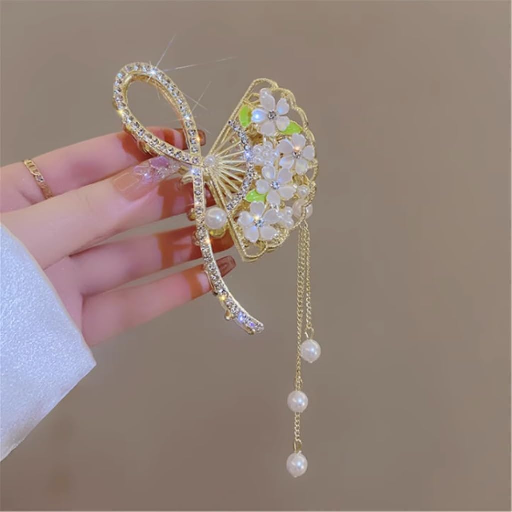 Antique fan hair clip, back spoon, pearl tassel, headdress, shark, large, female