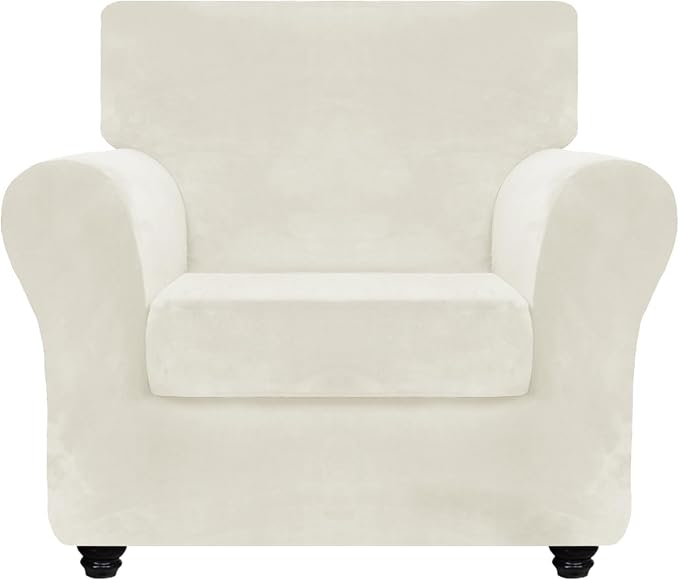 ZNSAYOTX Luxury Velvet Chair Slipcovers with Arm 2 Piece Stretch Chair Covers for Living Room Thick Soft Armchair Slipcover Anti Slip Pet Friendly Furniture Protector (Beige),30"-47"(1 Cushion)
