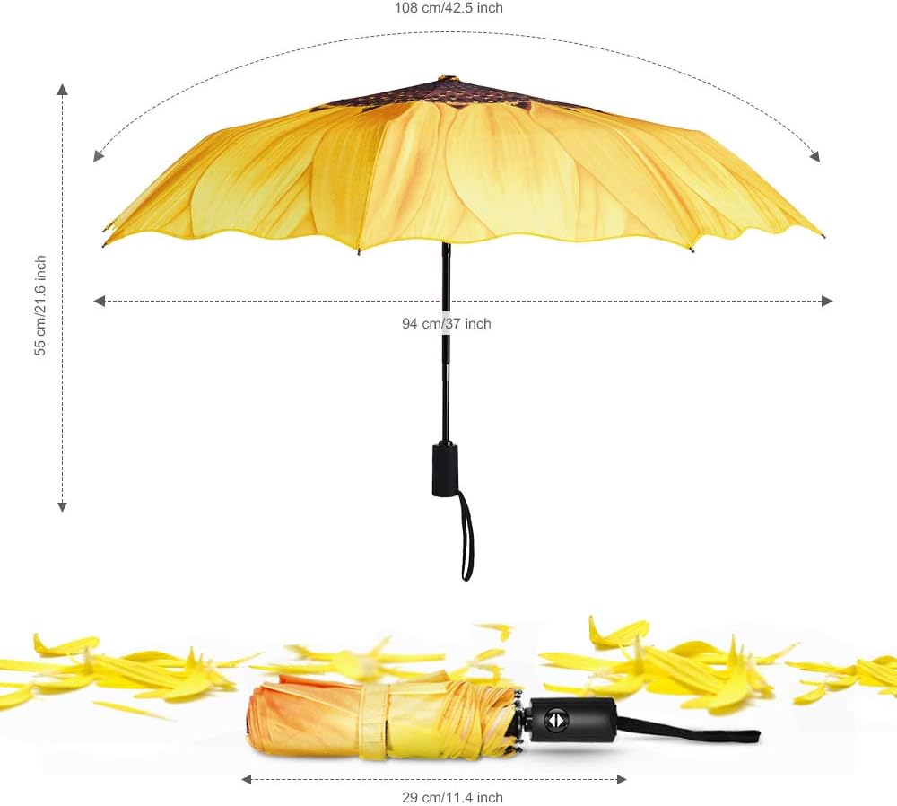 Plemo Automatic Umbrella, Folding Umbrella Windproof with Sunflower Pattern, Anti-Slip Rubberized Grip, 11.5 Inch Compact and Lightweight for Business and Travels, Wedding, Gifts, Yellow