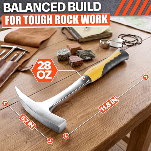 Image of Rock Pick Hammer 28 oz - One-Piece Forged Steel Geology Hammer with Pointed Pick Tip & Shock-Dampening Grip for Rockhounding, Fossil Hunting, Prospecting, Mineral Digging & Light Masonry Chipping Tool