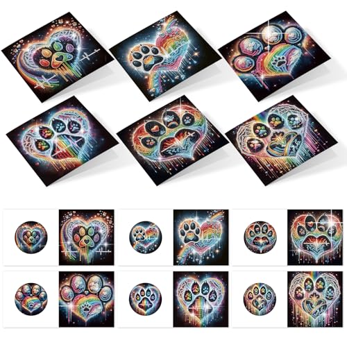 Image of 6 Pack Diamond Painting Greeting Cards with Envelopes, DIY 5D Diamond Art Card Kit Colorful Artistic Paw Designs, 30x15cm Handmade Rhinestone Cards Crafts for Pet Lovers and Creative Greetings