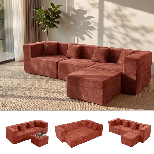 Image of MONVANE 103'' Oversized Boneless Sectional Couches for Living Room, 4-Seat L Shaped Cloud Couch, Modular Sofa with Ottoman & 4 Throw Pillows, Comfy Chenille, No Assembly Required, Red
