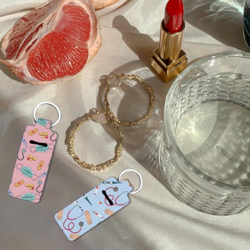 FREEBLOSS 2Pcs Chapstick Holder Keychain Lip Balm Holder Keychain Lightweight Lipstick Sleeve Pouch with Nurse Theme Pattern for Women Girls 1.5x3.8\'\'
