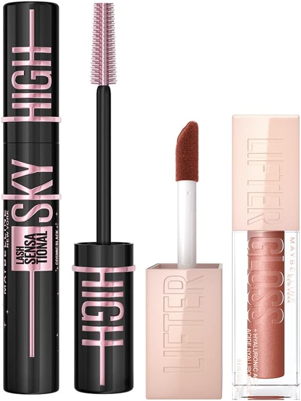 Maybelline New York Lash Sensational Sky High Cosmic Black Maskara + Lifter Gloss Nemlendirici Dudak Parlatıcısı- 009 Topaz Makyaj Seti