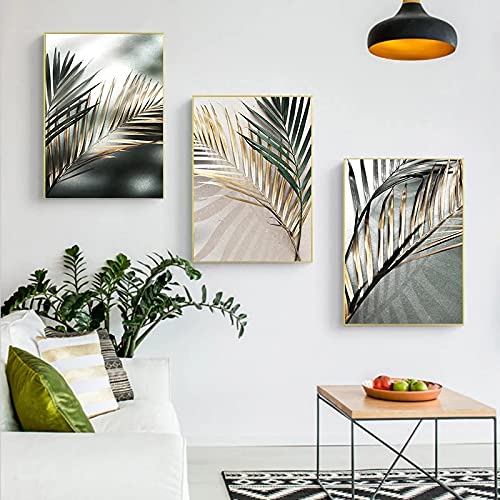 Affiche scandinave feuille verte pour salon : lot de 3 toiles murales 60x80cm