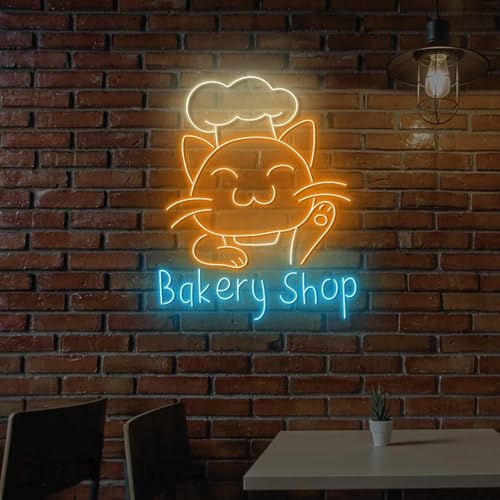 Cute Cat Chef Bakery Shop Neon Sign, Bakery Themed LED Light, USB Dimmable Wall Decor for Cafe, Patisserie, Kitchen, Restaurant, Perfect Addition for Bakers, Cat Lovers, Food Enthusiasts Anniversaries