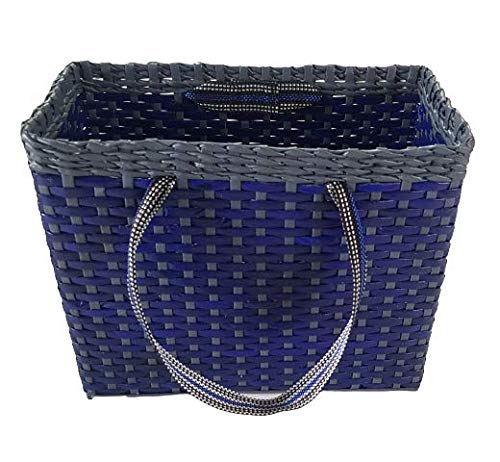 Image of Paperus, Large, Blue & Grey, Lunch Bag, Picnic Basket, Carry Bag, Handbag, Tiffin Basket for Office, Rectangular, Eco-Friendly, Handmade, of Paper Ropes, in Inch 11 H, 14 L, 7 Wide Base