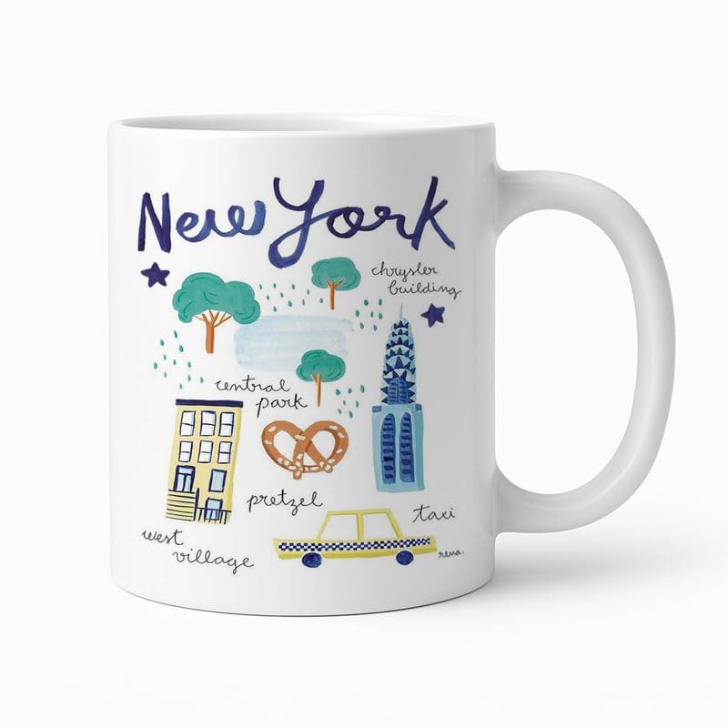 Image of New York City Travel Doodle Mug with Hand-Drawn Icons of Famous Landmarks Like The Chrysler Building, Central Park, and Taxis, Ideal for NYC Fans