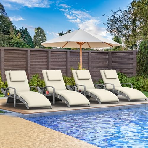 YITAHOME Patio Chaise Lounge Chair Set of 4, Wicker Chaise Lounge Outdoor Rattan Reclining Chair with Armrests/Pull-Out Cup Holder/5-Position Backrest/Cushion & Headrest-Beige w/Cup Holder S