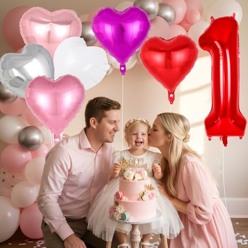Image of 40 Inch Red Number 1 Balloon, Foil Heart Balloons for 1st Birthday Decorations, 1st Birthday Balloon Set for Valentine's Day Wedding Anniversary Baby Shower Decorations