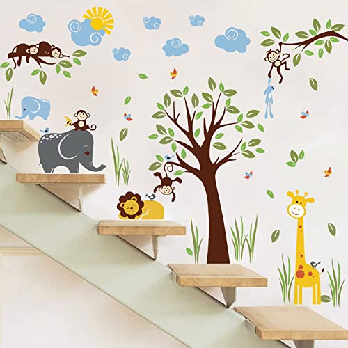 Supzone Jungle Animal Wall Stickers Monkey Tree Wall Decals Elephant Giraffe Lion Forest Animal Wall Art Sticker For Kids Baby Nursery Girl Boy Kids Room Wall Decor Home Decoratio #TOP1