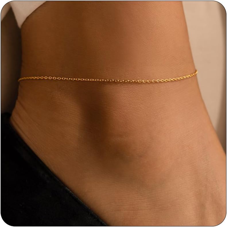 Ankle Bracelets for Women 18K Gold Plated Dainty Satellite Cross Beads Tiny Beaded Lip Link Chain Anklets Simple Summer Beach Foot Chain Jewelry Gifts