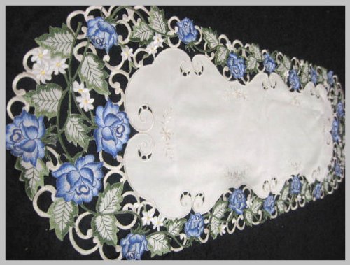 Table Runner or Dresser Scarf with Victorian Blue Roses on Ivory Material, Various Sizes Available