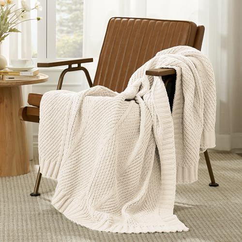 Amélie Home Chenille Knit Throw Blanket for Couch, Chevron Texture Decorative Soft Blanket for Sofa, Bed & Chair, 50"x60", Ivory - Image 6
