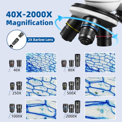Fitense Microscope for Adults Kids,40X-2000X Monocular Microscope Kit for Home School Lab, 2 LED Lights & 5 Colors Kids Microscope with Phone Holder,10 Specimen Slides,20 Slides,100 Coverslips, Bag - Thumbnail 2